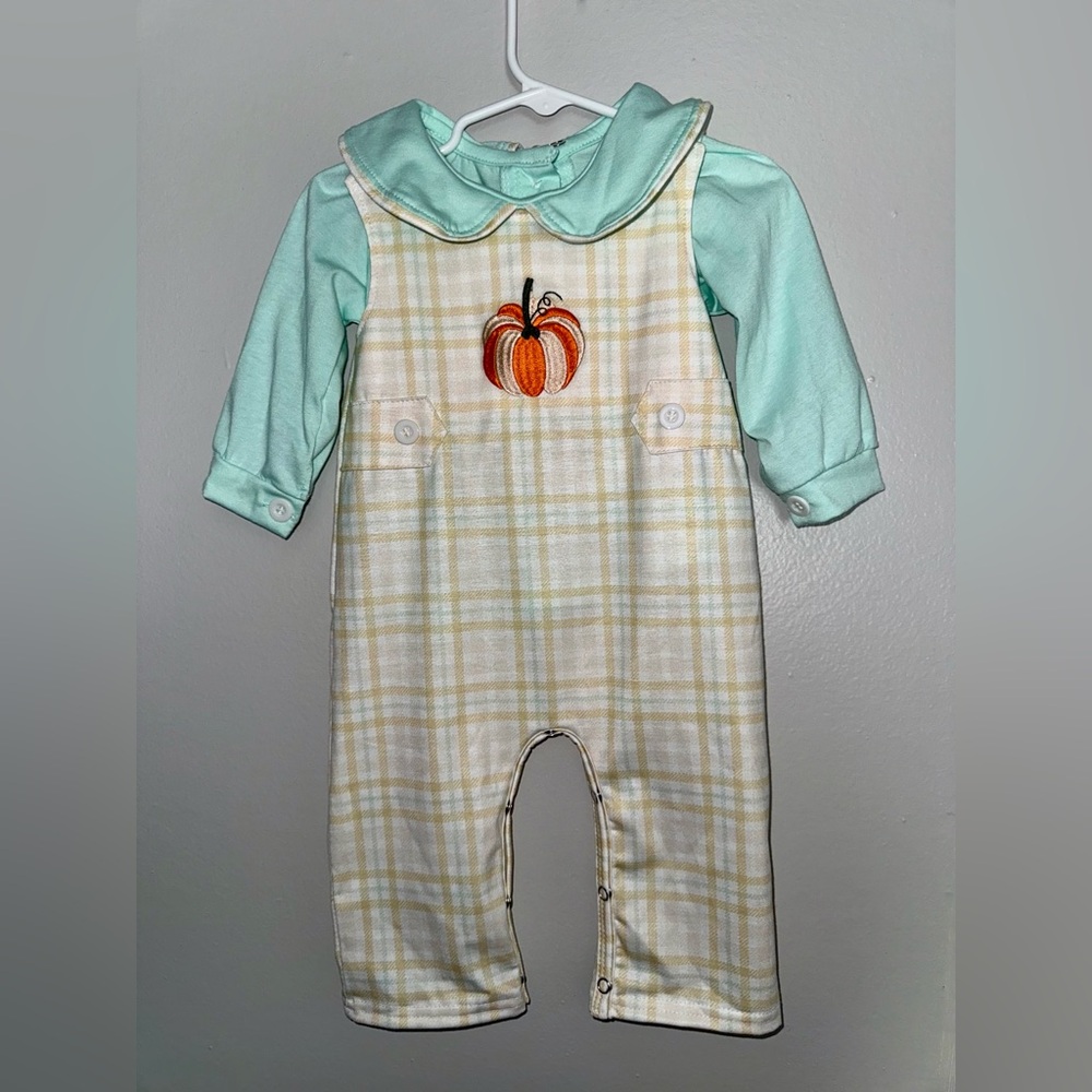Plaid Baby Romper with Pumpkin Embroidery